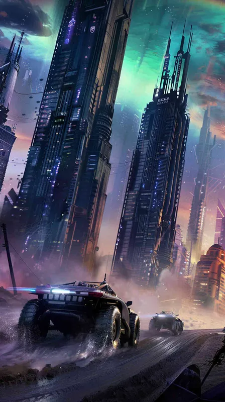 Two cars chasing through the abandoned high-rise buildings, with the dazzling aurora in the sky as the backdrop, just as a high-rise collapsed, stirring up clouds of dust. - style3部分