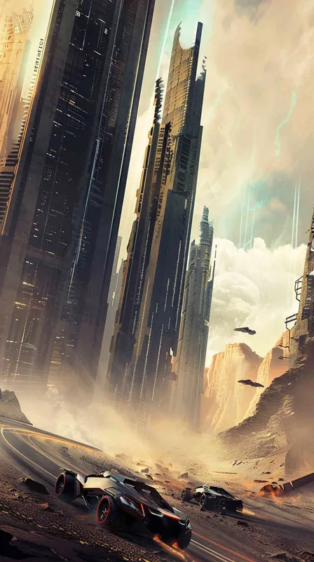 Two cars chasing through the abandoned high-rise buildings, with the dazzling aurora in the sky as the backdrop, just as a high-rise collapsed, stirring up clouds of dust. - style4部分