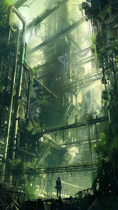 一个工厂，被微景观的包围，有钢铁侠，丛林的感觉，还有狼 - style4部分