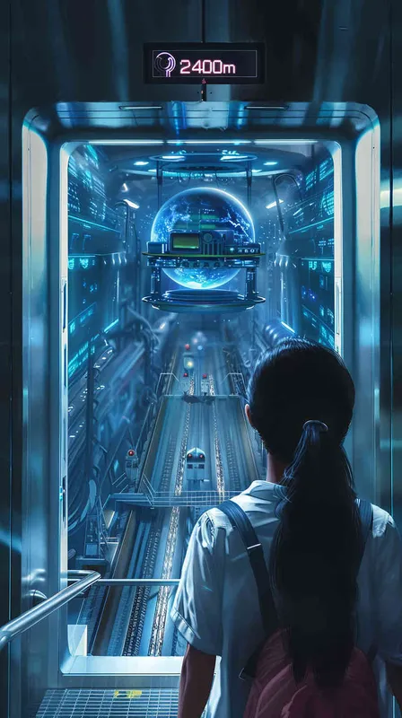 女孩与老年女科学家在电梯里，显示屏上显示的是“】-2400m”，电梯门已经被打开，门外是一个忙碌的未来实验室  - style2部分