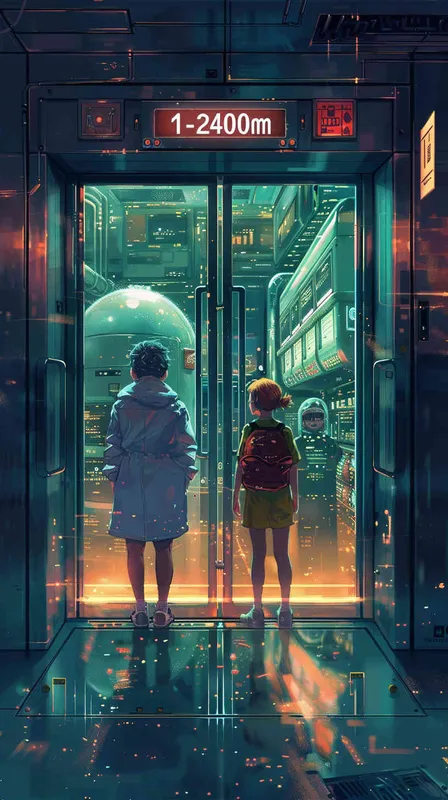 女孩与老年女科学家在电梯里,显示屏上显示的是“-2400m”,电梯门已经被打开,门外是一个忙碌的未来实验室 - AI绘画作品展示 | Midjourney中文版生成