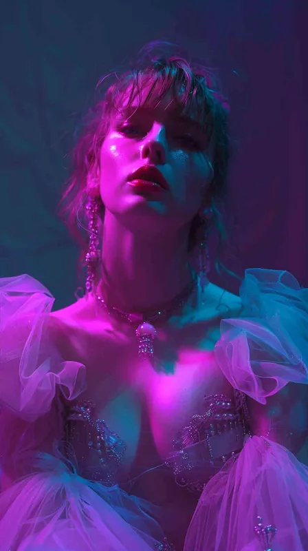 taylor Swift和一只猫咪机器人在外太空开演唱会，赛博朋克风格，舞台非常漂亮，是紫色氛围 - style2部分