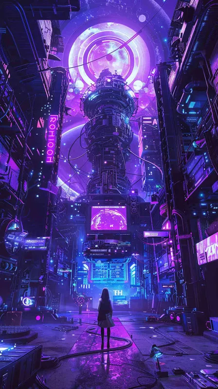 taylor Swift和一只猫咪机器人在外太空开演唱会，赛博朋克风格，舞台非常漂亮，是紫色氛围 - AI绘画作品展示 | Midjourney中文版生成