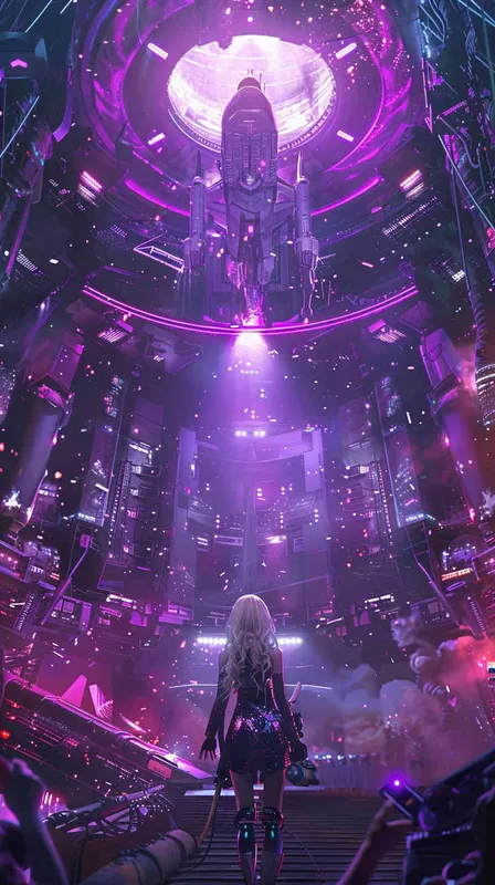 taylor Swift和一只猫咪机器人在外太空开演唱会，赛博朋克风格，舞台非常漂亮，是紫色氛围 - AI绘画作品展示 | Midjourney中文版生成