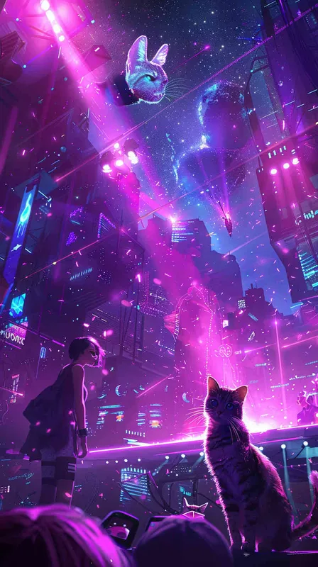 taylor Swift和一只猫咪机器人在外太空开演唱会，赛博朋克风格，舞台非常漂亮，是紫色氛围 - AI绘画作品展示 | Midjourney中文版生成