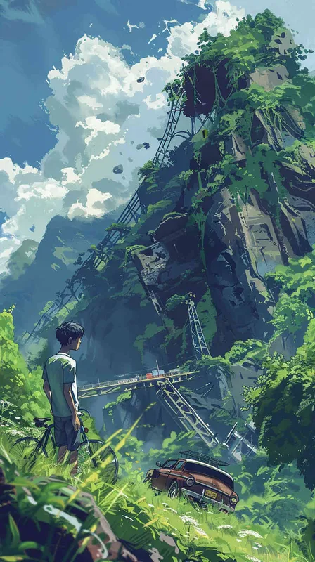 一个男人带自行车一起翻滚在草地上，看见垮塌的山腰上忽然出现了半截桥和被截断的汽车 [ - style1部分