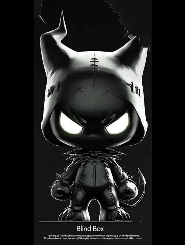Blind Box Style , full body, chibi, Delicate features, A black demon IP image, with a round head and a pair of horns, a black patch on the top of the head, inverted triangular eyes with only white eyes, two nostrils, and claws on both hands and feet，black background, Natural lighting, 8K, best quality, ultra - detail, 3D, C4D, Blender, OC renderer, ultra HD, 3D rendering  - style2部分
