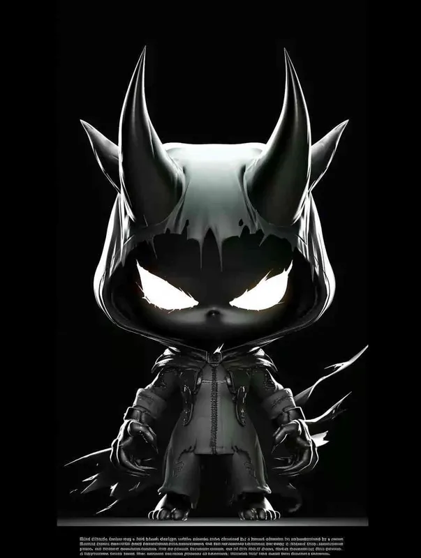 Blind Box Style , full body, chibi, Delicate features, A black demon IP image, with a round head and a pair of horns, a black patch on the top of the head, inverted triangular eyes with only white eyes, two nostrils, and claws on both hands and feet，black background, Natural lighting, 8K, best quality, ultra - detail, 3D, C4D, Blender, OC renderer, ultra HD, 3D rendering  - style3部分