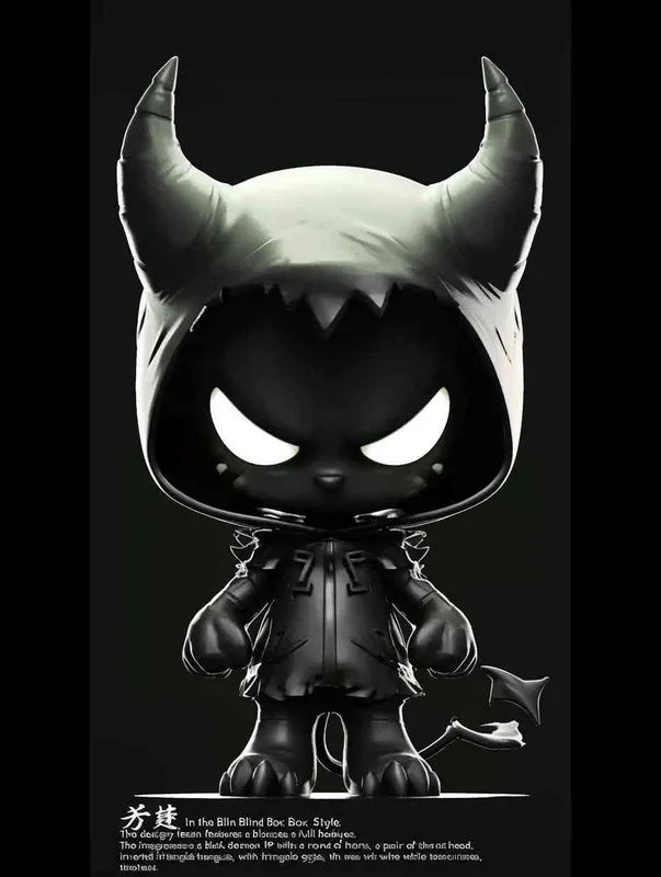 Blind Box Style , full body, chibi, Delicate features, A black demon IP image, with a round head and a pair of horns, a black patch on the top of the head, inverted triangular eyes with only white eyes, two nostrils, and claws on both hands and feet，black background, Natural lighting, 8K, best quality, ultra - detail, 3D, C4D, Blender, OC renderer, ultra HD, 3D rendering  - style3部分