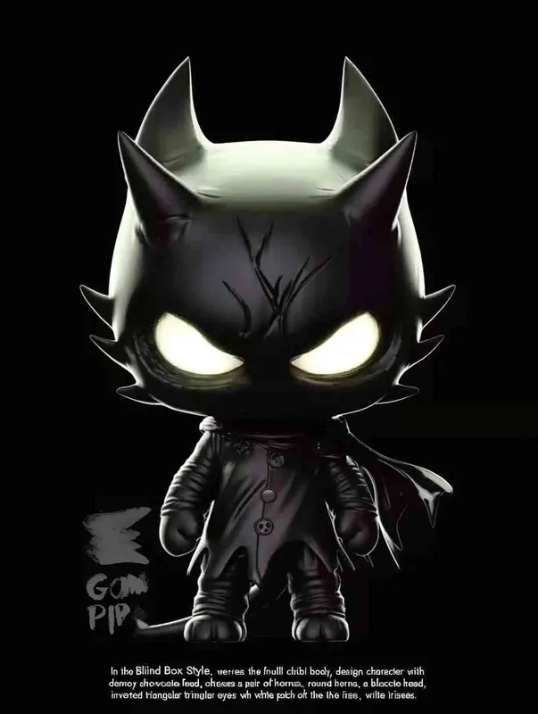 Blind Box Style , full body, chibi, Delicate features, A black demon IP image, with a round head and a pair of horns, a black patch on the top of the head, inverted triangular eyes with only white eyes, two nostrils, and claws on both hands and feet，black background, Natural lighting, 8K, best quality, ultra - detail, 3D, C4D, Blender, OC renderer, ultra HD, 3D rendering  - style4部分