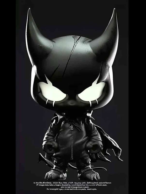 Blind Box Style , full body, chibi, Delicate features, A black demon IP image, with a round head and a pair of horns, a black patch on the top of the head, inverted triangular eyes with only white eyes, two nostrils, and claws on both hands and feet，black background, Natural lighting, 8K, best quality, ultra - detail, 3D, C4D, Blender, OC renderer, ultra HD, 3D rendering  - style2部分
