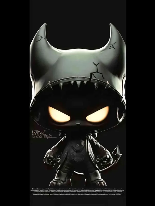 Blind Box Style , full body, chibi, Delicate features, A black demon IP image, with a round head and a pair of horns, a black patch on the top of the head, inverted triangular eyes with only white eyes, two nostrils, and claws on both hands and feet，black background, Natural lighting, 8K, best quality, ultra - detail, 3D, C4D, Blender, OC renderer, ultra HD, 3D rendering  - style2部分