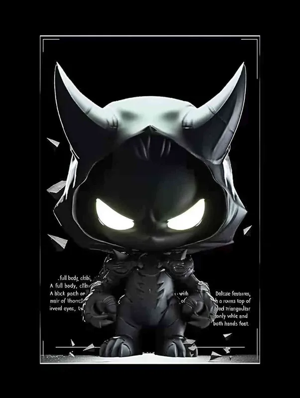 Blind Box Style , full body, chibi, Delicate features, A black demon IP image, with a round head and a pair of horns, a black patch on the top of the head, inverted triangular eyes with only white eyes, two nostrils, and claws on both hands and feet，black background, Natural lighting, 8K, best quality, ultra - detail, 3D, C4D, Blender, OC renderer, ultra HD, 3D rendering  - style4部分
