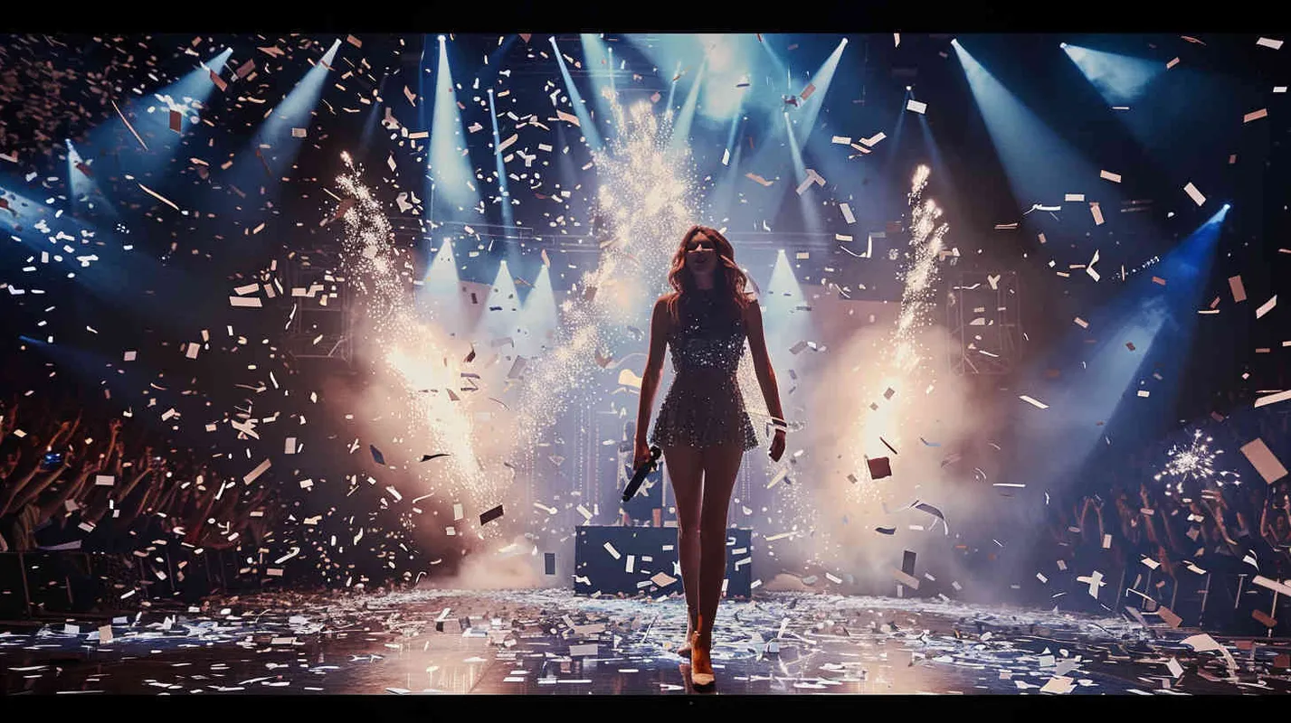 Waves of anger sweep through as a taylor Swift, at the 舞台, sees猫 exploding open, with many sheets of猫dancing around.Studio works, high precision, stage lighting, front view, medium view, Portrait photography - style1部分