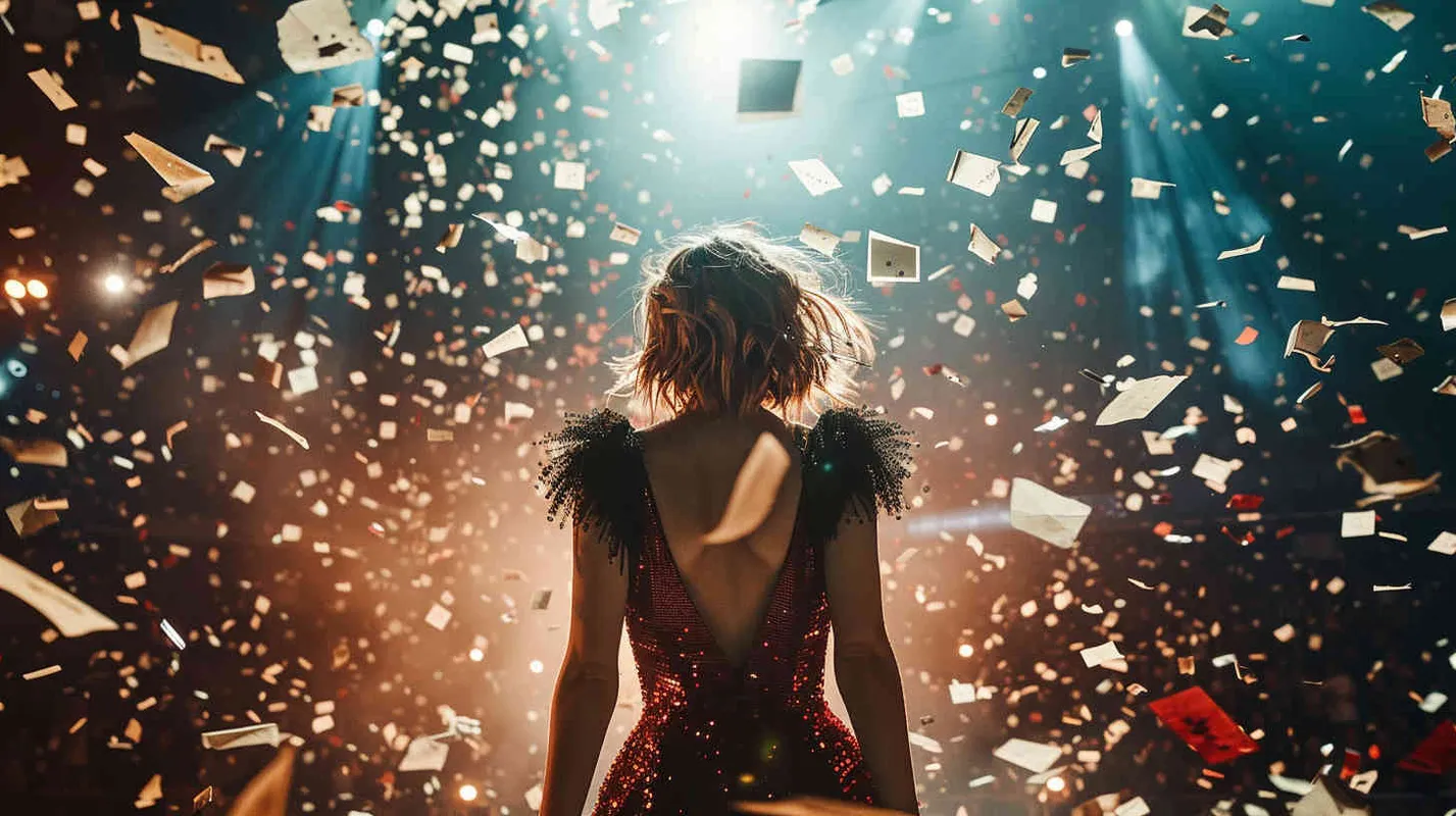Waves of anger sweep through as a taylor Swift, at the 舞台, sees猫 exploding open, with many sheets of猫dancing around.Studio works, high precision, stage lighting, front view, medium view, Portrait photography - style2部分