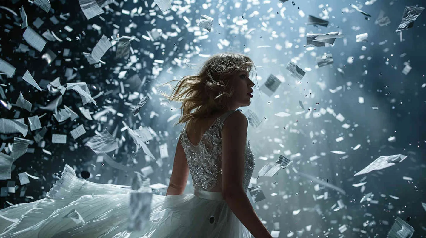 Waves of anger sweep through as a taylor Swift, at the 舞台, sees猫 exploding open, with many sheets of猫dancing around.Studio works, high precision, stage lighting, front view, medium view, Portrait photography - style3部分