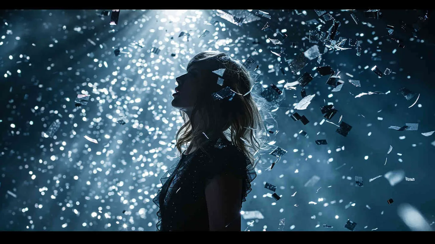 Waves of anger sweep through as a taylor Swift, at the 舞台, sees猫 exploding open, with many sheets of猫dancing around.Studio works, high precision, stage lighting, front view, medium view, Portrait photography - style4部分