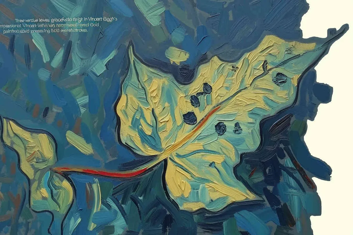 three blue green leaves, the three leaves falling to the right, Vincent van Gogh paint , impressionist oil painting，bold brushstrokes  - style1部分