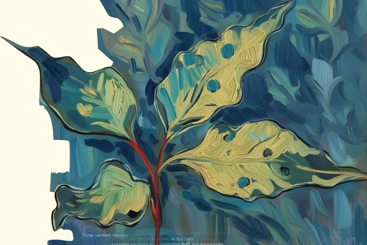 three blue green leaves, the three leaves falling to the right, Vincent van Gogh paint , impressionist oil painting，bold brushstrokes  - style2部分