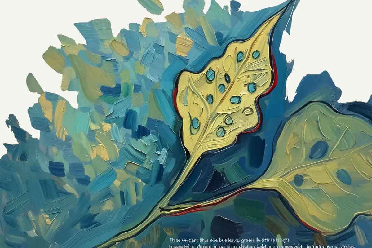 three blue green leaves, the three leaves falling to the right, Vincent van Gogh paint , impressionist oil painting，bold brushstrokes  - style3部分