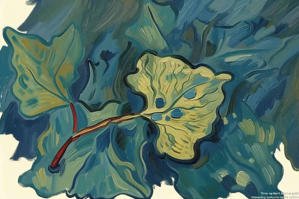 three blue green leaves, the three leaves falling to the right, Vincent van Gogh paint , impressionist oil painting，bold brushstrokes  - style4部分
