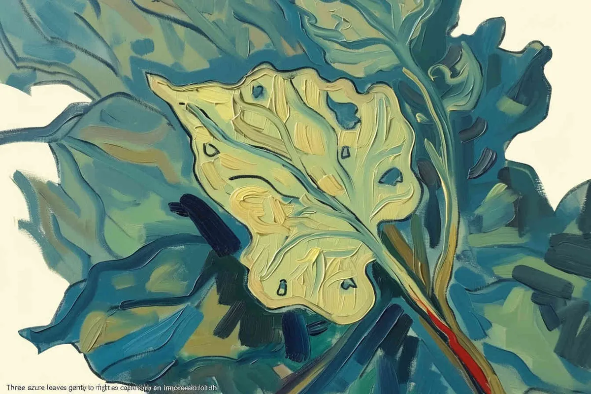 three blue green leaves, the three leaves falling to the right, Vincent van Gogh paint , impressionist oil painting，bold brushstrokes  - style1部分