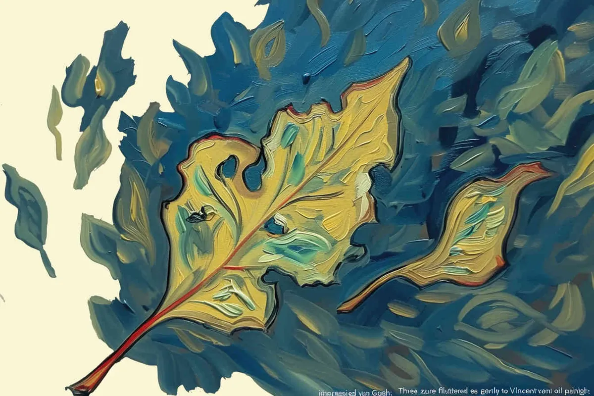 three blue green leaves, the three leaves falling to the right, Vincent van Gogh paint , impressionist oil painting，bold brushstrokes  - style2部分