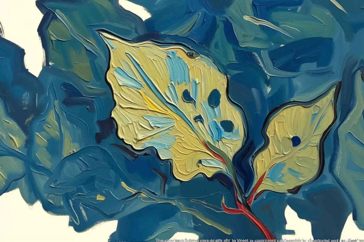 three blue green leaves, the three leaves falling to the right, Vincent van Gogh paint , impressionist oil painting，bold brushstrokes  - style3部分