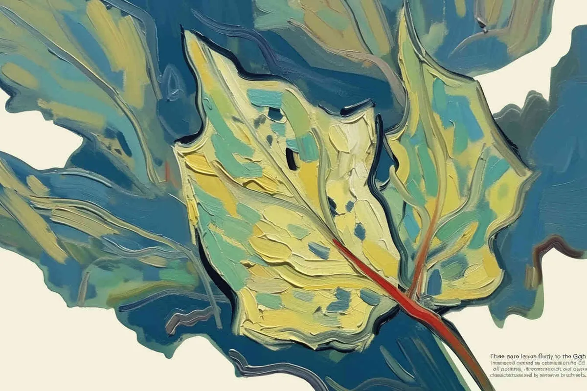 three blue green leaves, the three leaves falling to the right, Vincent van Gogh paint , impressionist oil painting，bold brushstrokes  - style4部分