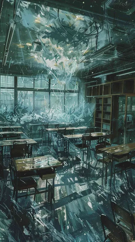 整个学校变成了迷宫,各个不同的教室错乱重叠在一起,电火花弥漫,水管破裂 - AI绘画作品展示 | Midjourney中文版生成
