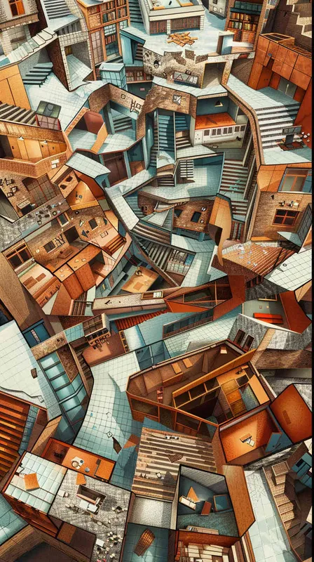 整个学校被切割，各个不同的教室错乱重叠在一起，变成了迷宫 - AI绘画作品展示 | Midjourney中文版生成