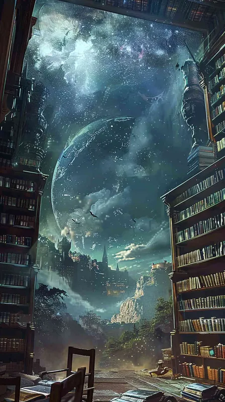 引力紊乱的图书馆折叠出了无限的空间,所有东西都飘浮期间 - AI绘画作品展示 | Midjourney中文版生成