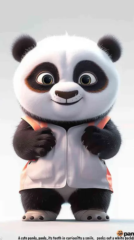 一只露着牙齿笑得可爱的熊猫，探头探脑，白色背景，全身 - style1部分