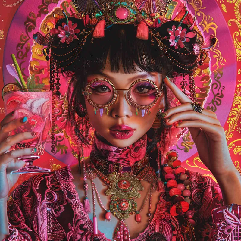一个女孩，穿着戏服，泡泡玛特风格，纯色背景，超多细节，色彩丰富 - style1部分