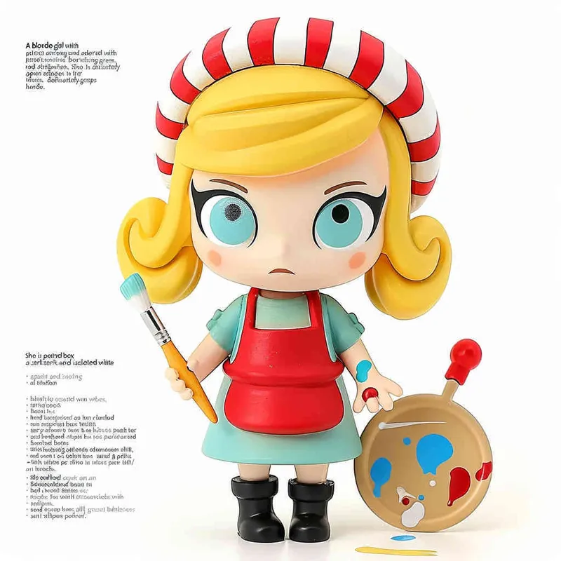 1️⃣ A blonde girl with blue eyes, wearing an apron and beret painted with red stripes holding paintbrushes in her hand is depicted as a blind box toy character against a isolated white background. The figure has yellow hair and wears black shoes. She holds a palette and brush in one hand. Her expression should be cheerful and confident. In the style of pop mart design. The overall color scheme should represent vibrant colors and have a cartoonish appearance.  – AI绘画作品展示 | Midjourney中文版生成
