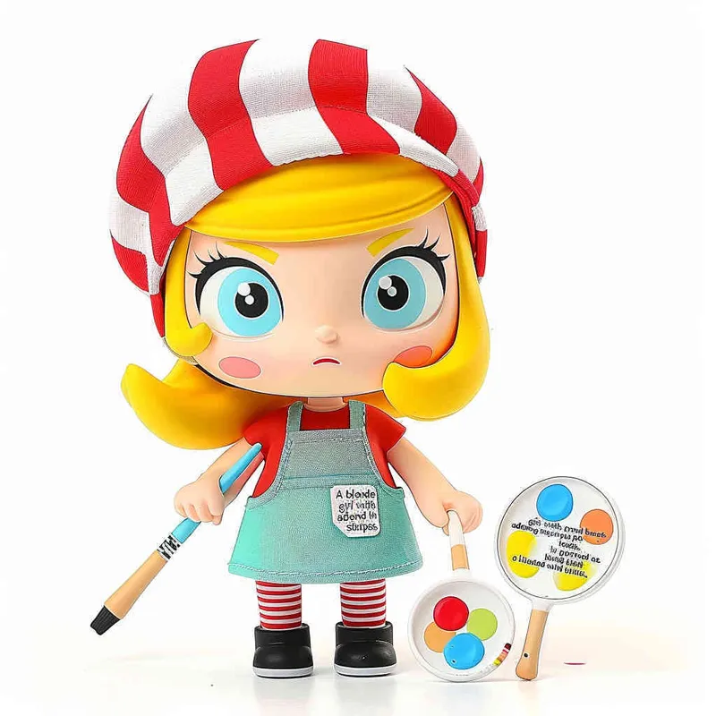 1️⃣ A blonde girl with blue eyes, wearing an apron and beret painted with red stripes holding paintbrushes in her hand is depicted as a blind box toy character against a isolated white background. The figure has yellow hair and wears black shoes. She holds a palette and brush in one hand. Her expression should be cheerful and confident. In the style of pop mart design. The overall color scheme should represent vibrant colors and have a cartoonish appearance.  - style2部分