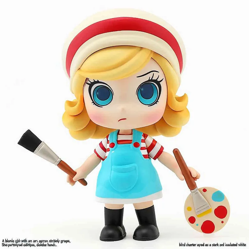 1️⃣ A blonde girl with blue eyes, wearing an apron and beret painted with red stripes holding paintbrushes in her hand is depicted as a blind box toy character against a isolated white background. The figure has yellow hair and wears black shoes. She holds a palette and brush in one hand. Her expression should be cheerful and confident. In the style of pop mart design. The overall color scheme should represent vibrant colors and have a cartoonish appearance.  - style3部分