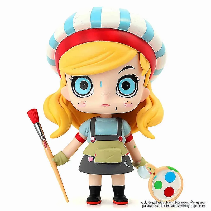 1️⃣ A blonde girl with blue eyes, wearing an apron and beret painted with red stripes holding paintbrushes in her hand is depicted as a blind box toy character against a isolated white background. The figure has yellow hair and wears black shoes. She holds a palette and brush in one hand. Her expression should be cheerful and confident. In the style of pop mart design. The overall color scheme should represent vibrant colors and have a cartoonish appearance.  - style4部分