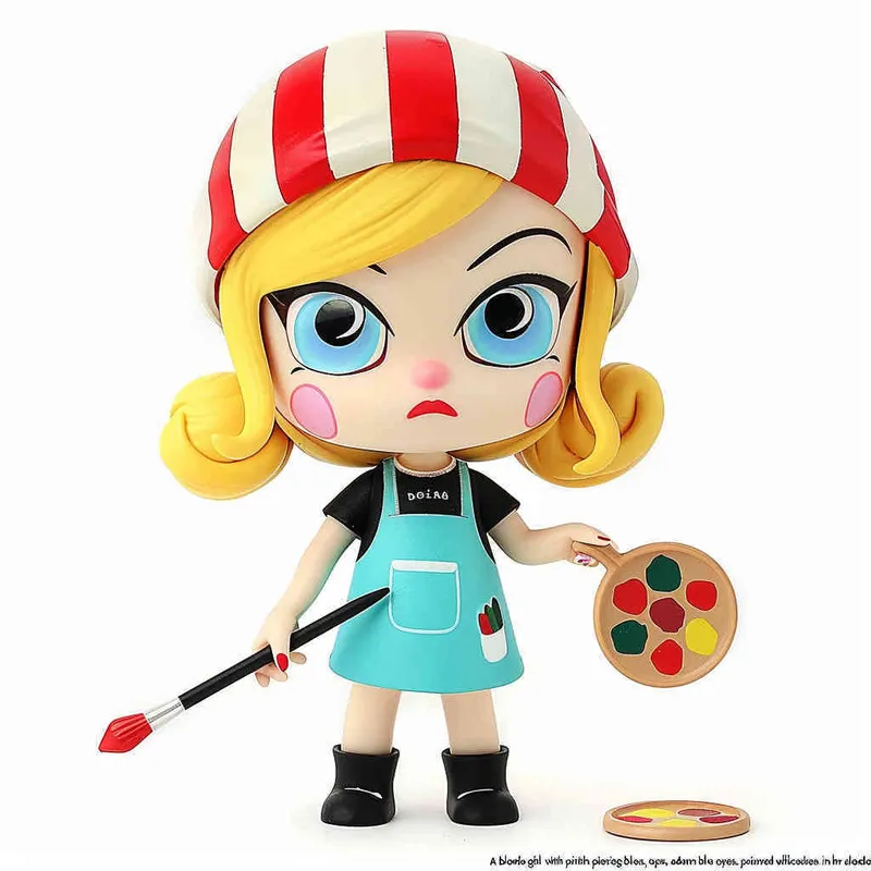 1️⃣ A blonde girl with blue eyes, wearing an apron and beret painted with red stripes holding paintbrushes in her hand is depicted as a blind box toy character against a isolated white background. The figure has yellow hair and wears black shoes. She holds a palette and brush in one hand. Her expression should be cheerful and confident. In the style of pop mart design. The overall color scheme should represent vibrant colors and have a cartoonish appearance.  - style2部分