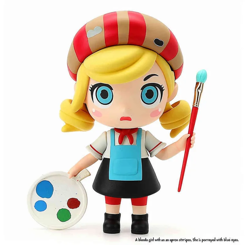 1️⃣ A blonde girl with blue eyes, wearing an apron and beret painted with red stripes holding paintbrushes in her hand is depicted as a blind box toy character against a isolated white background. The figure has yellow hair and wears black shoes. She holds a palette and brush in one hand. Her expression should be cheerful and confident. In the style of pop mart design. The overall color scheme should represent vibrant colors and have a cartoonish appearance.  - style3部分