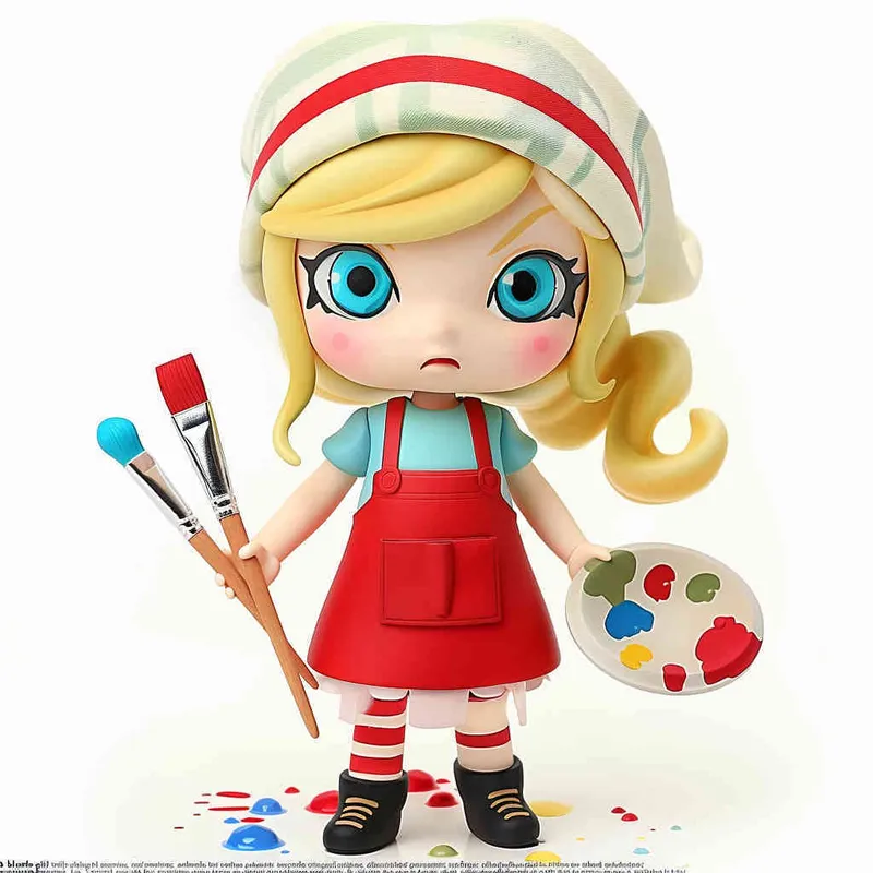 1️⃣ A blonde girl with blue eyes, wearing an apron and beret painted with red stripes holding paintbrushes in her hand is depicted as a blind box toy character against a isolated white background. The figure has yellow hair and wears black shoes. She holds a palette and brush in one hand. Her expression should be cheerful and confident. In the style of pop mart design. The overall color scheme should represent vibrant colors and have a cartoonish appearance.  - style4部分