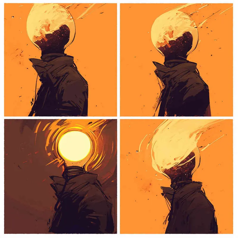 A comic strip featuring a black silhouette contour, with mysterious shadows or a light bulb emitting fog inside the head, representing imaginative and surrealistic ideas. Around the contour, subtle glimmers or faint rays can be present, adding to the mysterious and captivating vibe. Bold color contrasts, minimal facial expressions, dramatic lighting, and a fantastical ambiance.  - style3部分