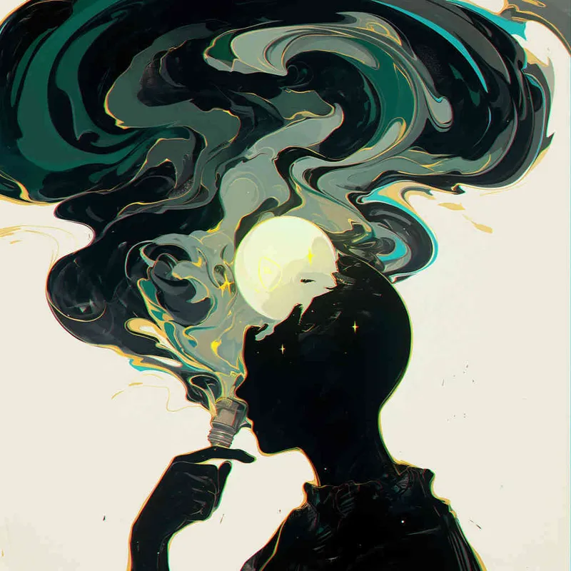 A comic strip featuring a black silhouette contour, with mysterious shadows or a light bulb emitting fog inside the head, representing imaginative and surrealistic ideas. Around the contour, subtle glimmers or faint rays can be present, adding to the mysterious and captivating vibe. Bold color contrasts, minimal facial expressions, dramatic lighting, and a fantastical ambiance.  - style4部分