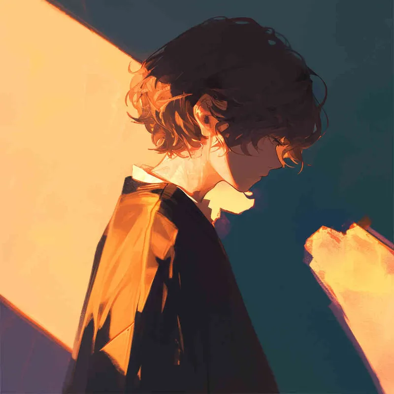 An illustration of a Japanese anime character, a male figure, slightly tilting his head down, looking towards the camera, with mysterious shadows within the contours, representing creative and surreal ideas. Enhance the mystery and captivating effect. Warm color temperature, soft lighting, enigmatic atmosphere. - style1部分