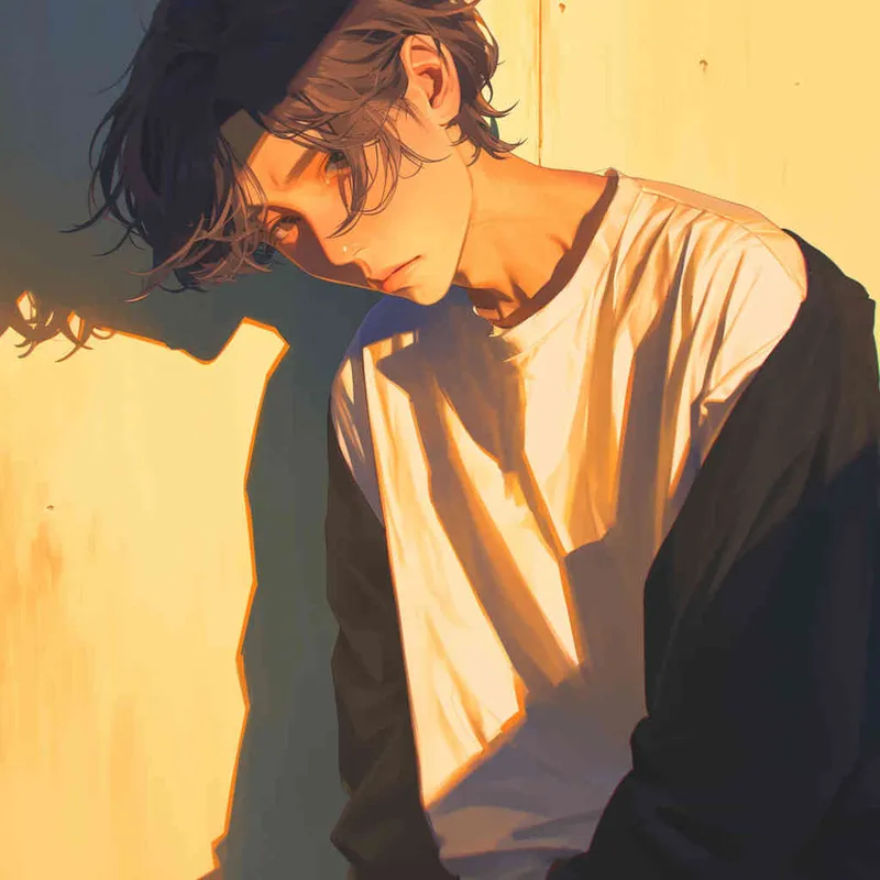 An illustration of a Japanese anime character, a male figure, slightly tilting his head down, looking towards the camera, with mysterious shadows within the contours, representing creative and surreal ideas. Enhance the mystery and captivating effect. Warm color temperature, soft lighting, enigmatic atmosphere. - style2部分