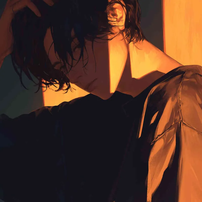 An illustration of a Japanese anime character, a male figure, slightly tilting his head down, looking towards the camera, with mysterious shadows within the contours, representing creative and surreal ideas. Enhance the mystery and captivating effect. Warm color temperature, soft lighting, enigmatic atmosphere. - style3部分