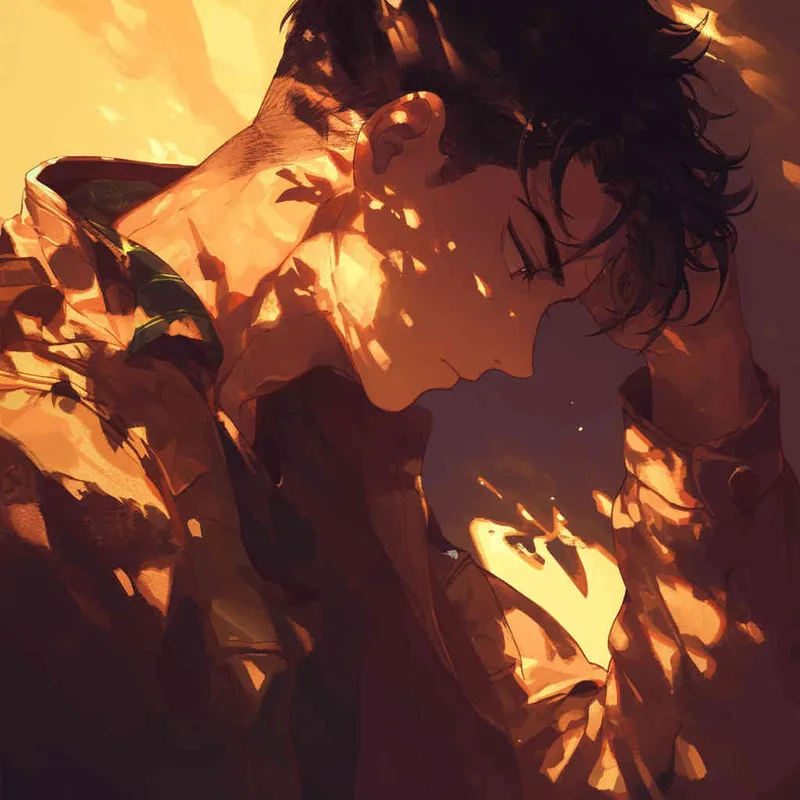 An illustration of a Japanese anime character, a male figure, slightly tilting his head down, looking towards the camera, with mysterious shadows within the contours, representing creative and surreal ideas. Enhance the mystery and captivating effect. Warm color temperature, soft lighting, enigmatic atmosphere. - style4部分