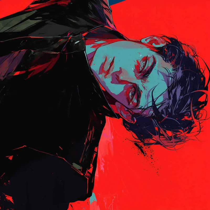 A comics-style illustration presenting a Japanese anime character, a male persona, tilting his head downward, locking gaze with the viewer, with cryptic shadows defining the contours, expressing creative and surreal thoughts. Intensify the sense of mystery and intrigue. Bold lines, vibrant color contrast, dynamic lighting, captivating atmosphere.  - style1部分