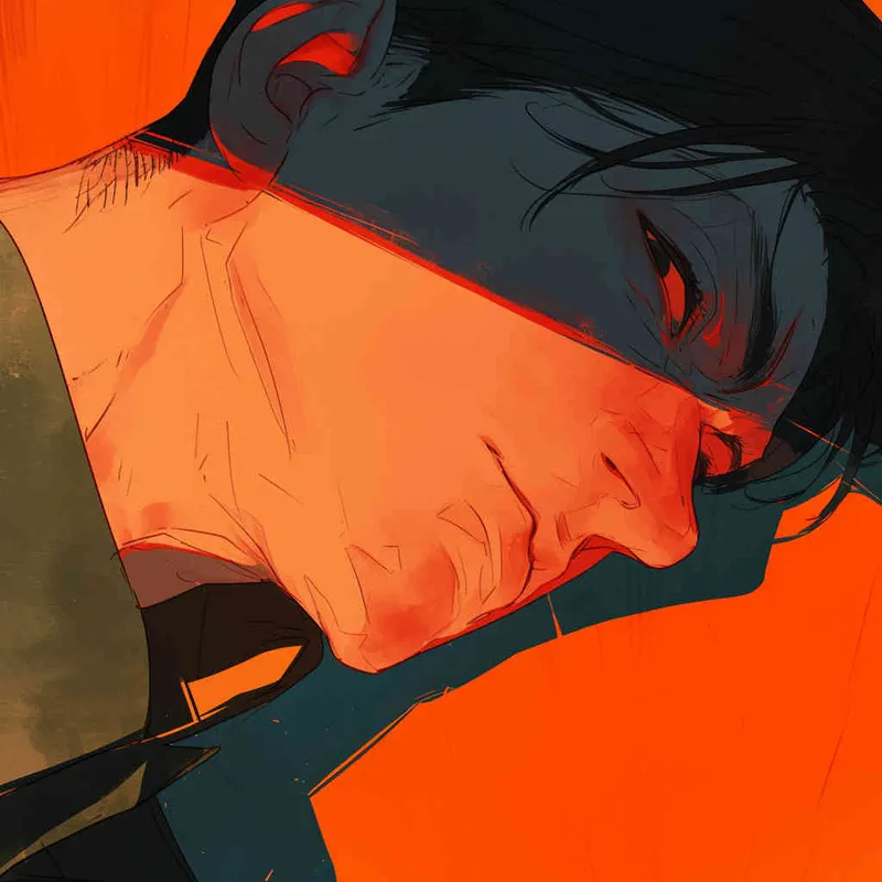 A comics-style illustration presenting a Japanese anime character, a male persona, tilting his head downward, locking gaze with the viewer, with cryptic shadows defining the contours, expressing creative and surreal thoughts. Intensify the sense of mystery and intrigue. Bold lines, vibrant color contrast, dynamic lighting, captivating atmosphere.  - style3部分