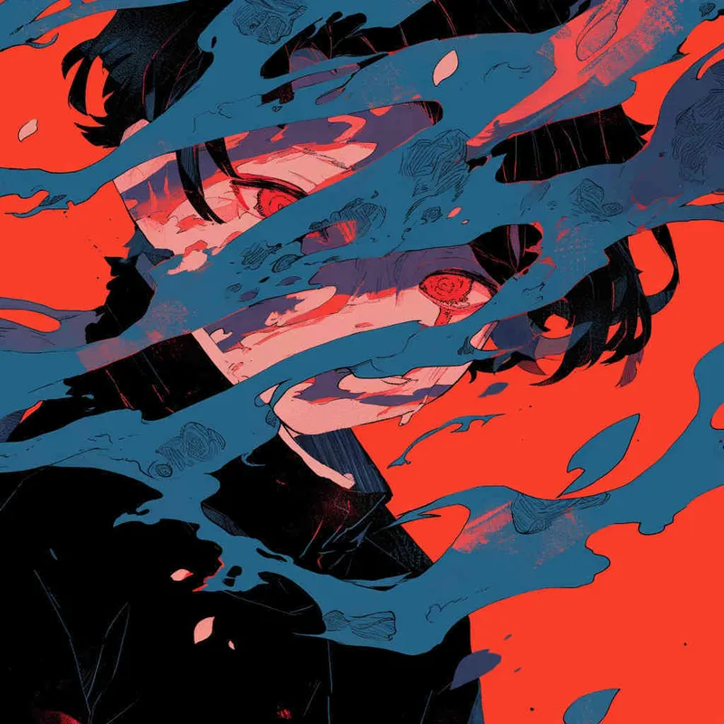 A comics-style illustration presenting a Japanese anime character, a male persona, tilting his head downward, locking gaze with the viewer, with cryptic shadows defining the contours, expressing creative and surreal thoughts. Intensify the sense of mystery and intrigue. Bold lines, vibrant color contrast, dynamic lighting, captivating atmosphere.  - style4部分